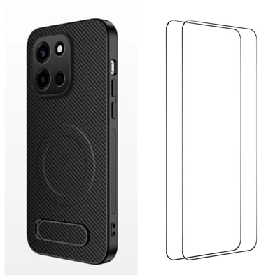 Чехол WANLONFENG QT1 серии с магнитом, подставка, текстура углеродного волокна, PC+TPU для OnePlus Turbo 6 5G / OnePlus Nord 6 5G, с 2 защитными пленками — черный
