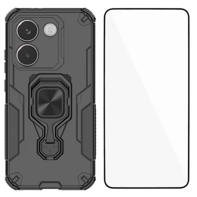 Capa para Telemóvel Xiaomi Redmi Turbo 5 5G / Xiaomi Poco X8 Pro 5G WANLONFENG de PC e TPU com Suporte e Vidro Temperado - Preto