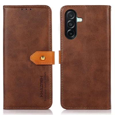 KHAZNEH For Samsung Galaxy A27 5G Wallet Case Gold Magnetic Clasp Cowhide Texture Leather Flip Stand Phone Cover - Brown