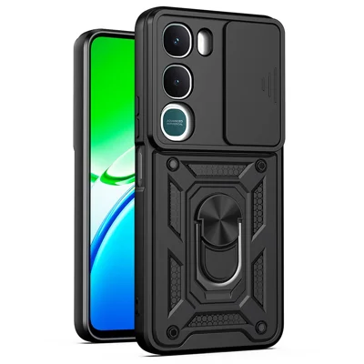 غطاء لهاتف vivo Y31 5G مع غطاء كاميرا منزلق وحوامل من PC + TPU - أسود