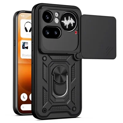Für Nothing Phone (4a) Pro Hülle mit verschiebbarem Kamera-Deckel PC + TPU Ständer-Handyhülle - Schwarz