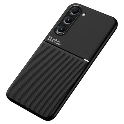 For Samsung Galaxy S23 Lines Imprinted Anti-scratch Case PU Leather+TPU Phone Cover with Built-in Metal Sheet - Black
