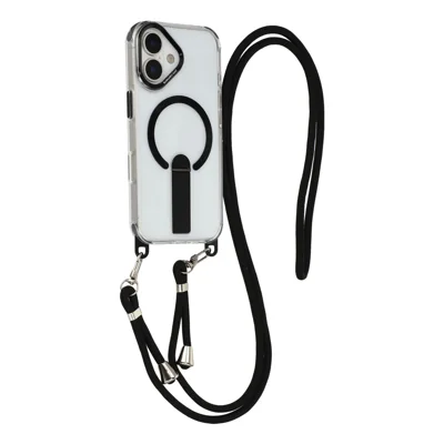 For iPhone 16 Magnetic Phone Case with Kickstand and 2-in-1 6mm 150cm Length Strap PC TPU Phone Cover - Black