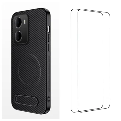 Für Xiaomi Redmi 15a 5G WANLONFENG QT1 Serie Magnetische Hülle mit 2 Stk. Gehärtetem Glas Displayschutzfolie Ständer Kohlefaser-Optik PC TPU Handyhülle - Schwarz