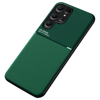 For Samsung Galaxy S23 Ultra Lines Imprinted PU Leather+TPU Case Built-in Metal Sheet Anti-scratch Phone Cover - Green