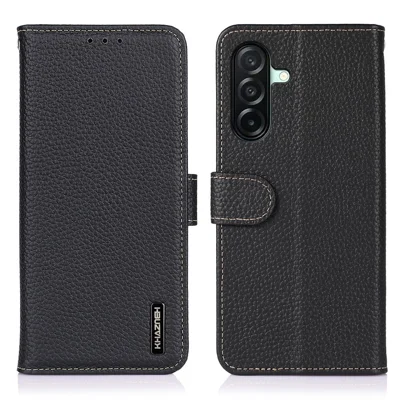 KHAZNEH For Samsung Galaxy A27 5G Wallet Case Litchi Texture Genuine Cow Leather Flip Phone Cover - Black