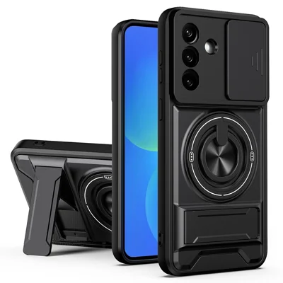 For Samsung Galaxy A27 5G Magnetic Case Ring Holder Foldable Kickstand TPU PC Phone Cover with Camera Lens Slider - Black
