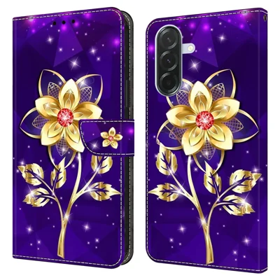 For Samsung Galaxy A27 5G Wallet Case Pattern Printing PU Leather Flip Stand Phone Cover - Golden Flowers on Purple