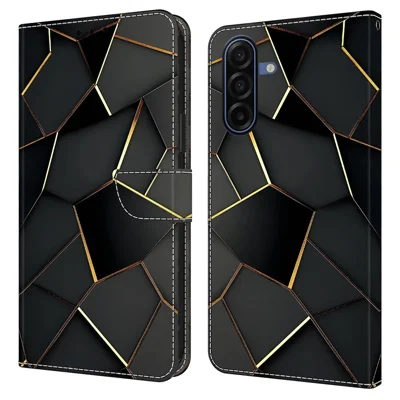 For Samsung Galaxy A27 5G Wallet Case Foldable Stand Pattern Printing Leather Flip Phone Cover - Black Gold Beveled Edges