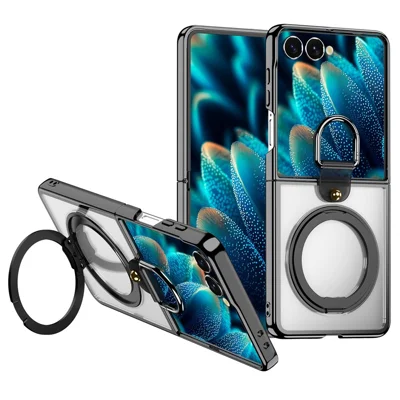 For Samsung Galaxy Z Flip7 5G Transparent Case with 360° Magnetic Ring Holder UV Scratch-resistant Shockproof Cover - Black