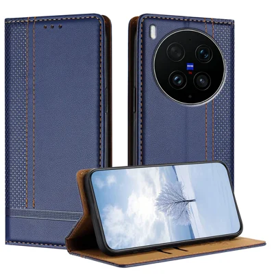 For vivo X300 Ultra 5G Case L-Shaped Grid Pattern Leather Stand Phone Cover with Card Slots - Blue
