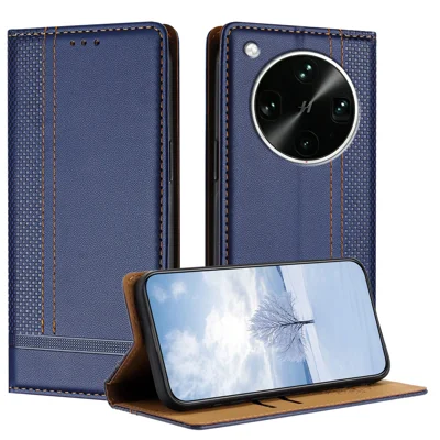 Funda para Oppo Find X9 Ultra 5G con patrón de cuadrícula en forma de L, de cuero de PU premium, con soporte y ranuras para tarjetas - Azul