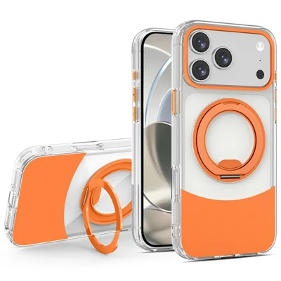 Acquisto all'ingrosso per custodia iPhone 17 Pro Max trasparente con design colorato, supporto metallico girevole a 360°, cover antiurto in TPU e acrilico - Arancione