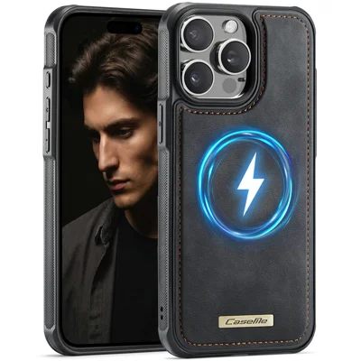 CaseMe For iPhone 15 Pro Max C69 Series Magnetic Case Leather Coated TPU Phone Cover - Black