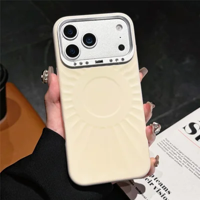 For iPhone 17 Pro Case Compatible with MagSafe Sun Pattern Rhinestone Metal Camera Frame Liquid Silicone Phone Cover - Beige