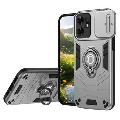 For Honor X6d 5G Case Slide Camshield Kickstand PC + TPU Phone Cover - Grey