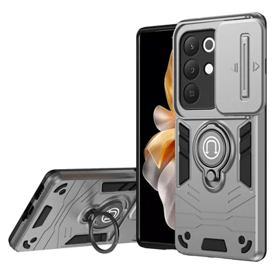 غطاء هاتف لـ Realme C85 5G، غطاء شاشة مع واقي كاميرا وحامل قابل للانزلاق من مادة PC + TPU - رمادي