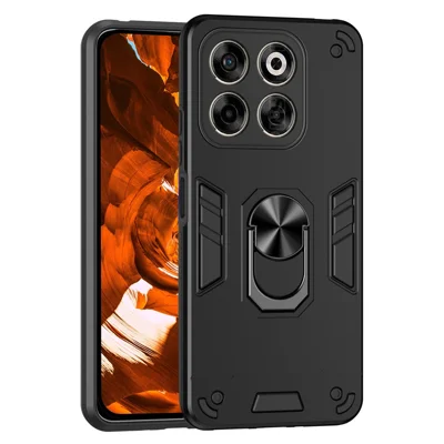 For ZTE Axon 70 4G Case PC + TPU Drop Defend Phone Cover with Ring Kickstand - Black