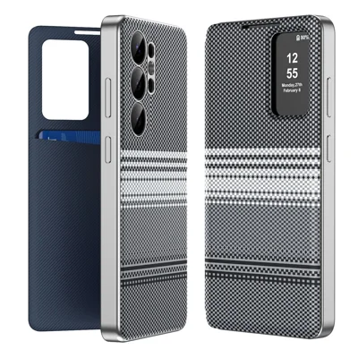 Für Samsung Galaxy S24 Ultra Hülle mit Kartenfach, Sichtfenster, verlaufender Farbe, kariertes Muster, Ledertasche - Schwarz