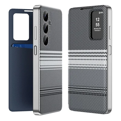 For Samsung Galaxy A16 5G  /  A16 4G Case Card Slot View Window Gradient Color Checkered Pattern Leather Phone Cover - Black