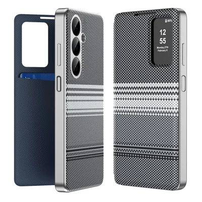 Leather Case for Samsung Galaxy A26 5G  /  A17 5G  /  A17 4G Card Slot View Window Gradient Color Checkered Pattern Phone Cover - Black