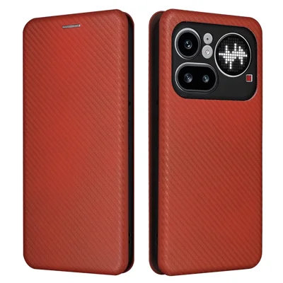 Étui pour Nothing Phone (4a) Pro avec texture fibre de carbone, étui antichute en cuir PU - Brun