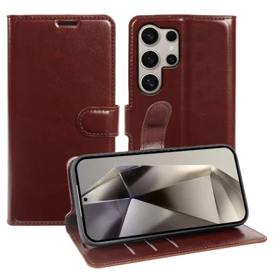 For Samsung Galaxy S24 Ultra Wallet Case Crazy Horse Texture Leather Flip Phone Cover with Magnetic Closure - Brown
