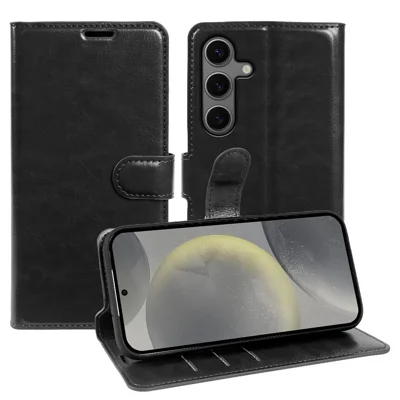 For Samsung Galaxy S24 Wallet Case Crazy Horse Texture Leather Flip Phone Cover with Magnetic Closure - Black