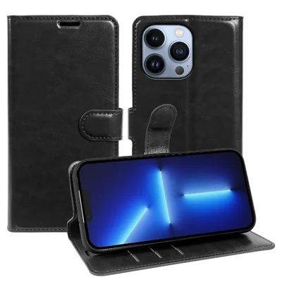For iPhone 13 Pro Max Wallet Case Crazy Horse Texture Leather Flip Phone Cover with Magnetic Closure - Black