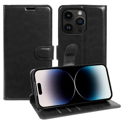 For iPhone 14 Pro Wallet Case Crazy Horse Texture Leather Flip Phone Cover with Magnetic Closure - Black