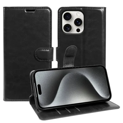 For iPhone 15 Pro Max Wallet Case Crazy Horse Texture Leather Flip Phone Cover with Magnetic Closure - Black