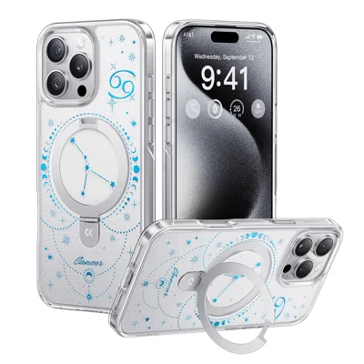 Чехол CASEKOO магнитный для iPhone 16 Pro с рисунком созвездия, кольцо, подставка, ударопрочный чехол из поликарбоната и TPU — Рак