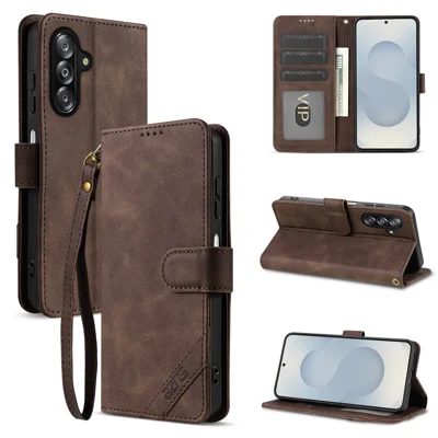 AZNS A2 for Samsung Galaxy A27 5G Leather Case with Wrist Strap RFID Blocking Wallet Stand Phone Cover - Brown