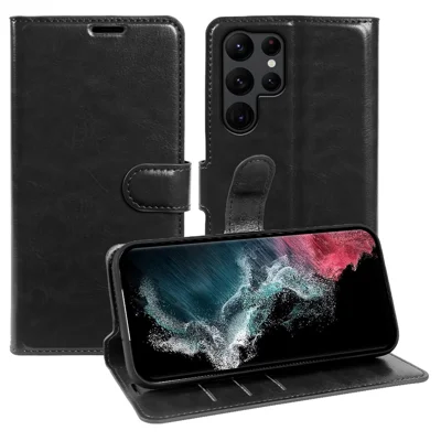 For Samsung Galaxy S22 Ultra 5G Wallet Case Crazy Horse Texture Leather Flip Phone Cover with Magnetic Closure - Black