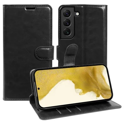 For Samsung Galaxy S22 5G Wallet Case Crazy Horse Texture Leather Flip Phone Cover with Magnetic Closure - Black