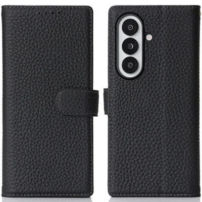 For Samsung Galaxy Z Fold7 5G Stand Case Litchi Texture Genuine Cow Leather Wallet Phone Cover RFID Blocking - Black