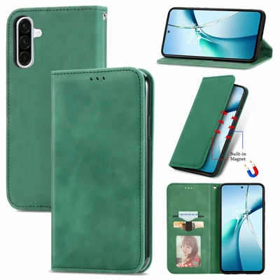 For Samsung Galaxy A27 5G Leather Case with Card Holder Magnetic Absorption Phone Cover - Green