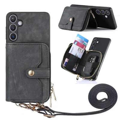 For Samsung Galaxy A27 5G PU Leather Phone Back Cover with Zipper Card Holder and Long Strap - Black