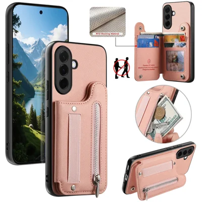 For Samsung Galaxy A27 5G Case RFID Blocking Card Holder Jeans Cloth Texture Leather Back Cover with Elastic Wristband - Pink