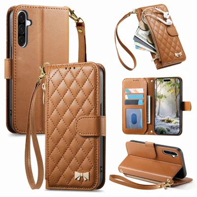 For Samsung Galaxy A27 5G Stand Case Imprint TPU PU Leather Zipper Pocket Wallet Phone Cover with Strap - Brown