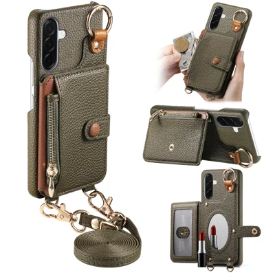For Samsung Galaxy A27 5G Leather Phone Back Cover Zipper Card Holder Kickstand with Mirror and Long Strap - Midnight Green