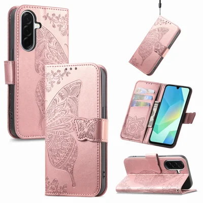 For Samsung Galaxy A27 5G Case with Strap Butterfly Pattern PU Leather Wallet Phone Cover - Rose Gold