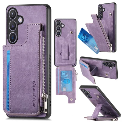 For Samsung Galaxy A27 5G Case Zipper Card Holder Kickstand Leather + PC + TPU Phone Cover - Purple