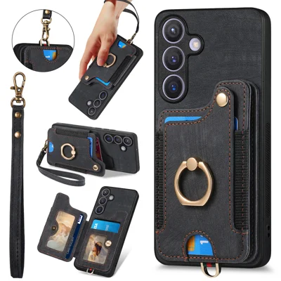 For Samsung Galaxy A27 5G Retro PU Leather Back Cover with RFID Blocking Card Holder - Black