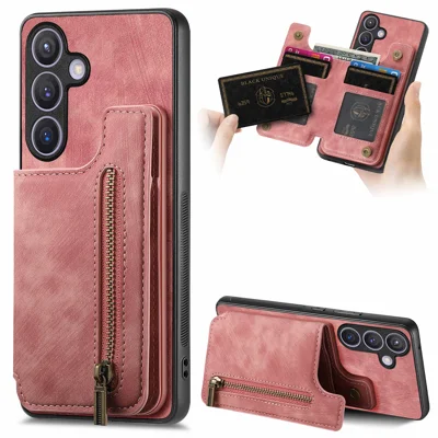 For Samsung Galaxy A27 5G Case with Zipper Card Holder Retro Leather TPU Phone Cover - Pink
