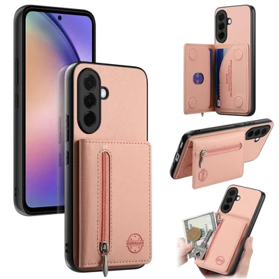 For Samsung Galaxy A27 5G Phone Case Zipper Card Holder Kickstand Jeans Cloth Texture Leather Back Cover - Pink