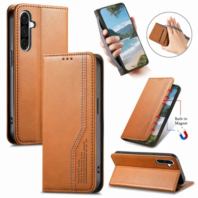 Til Samsung Galaxy A27 Case Wallet med tricolore syning, lærtelefon dæk med elastisk håndbånd - Brun