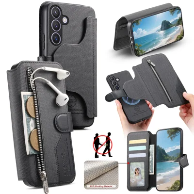 For Samsung Galaxy A27 5G Magnetic Case RFID Blocking Detachable Wallet Stand Cloth Texture Leather Phone Cover - Black