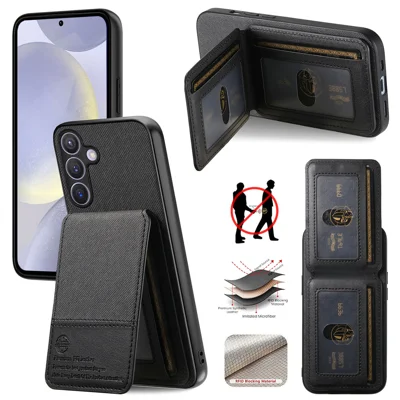 For Samsung Galaxy A27 5G Case Cloth Texture Leather + PC + TPU RFID Blocking Phone Cover with Card Holder - Black