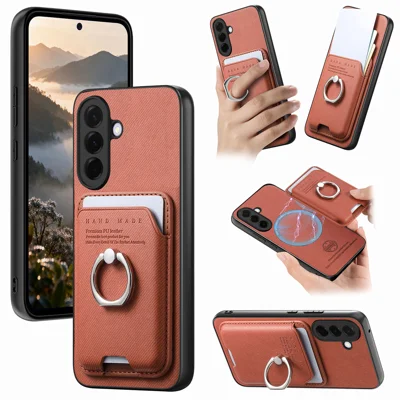For Samsung Galaxy A27 5G Case Cloth Texture  Leather + PC + TPU Phone Cover with Detachable Magnetic Ring Kickstand Card Holder - Brown